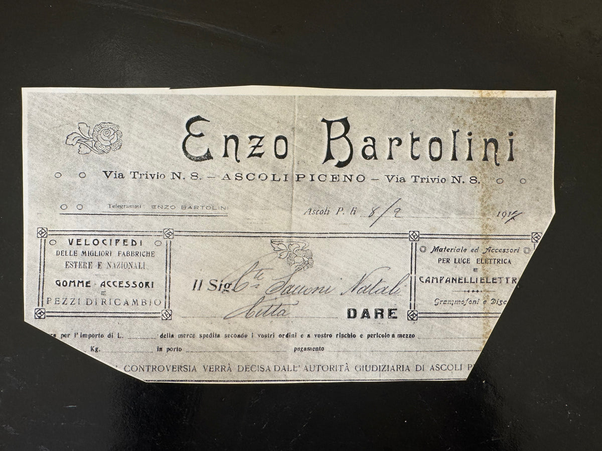 Carta intestata Enzo Bartolini, Via Trivio 8, Ascoli Piceno, 1917: velocipedi, gomme, accessori, materiale per luce elettrica, campanelli elettrici, grammofoni e dischi